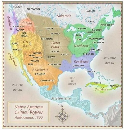 Map showing native american cultural regions across north america, divided by tribes and geographical features.