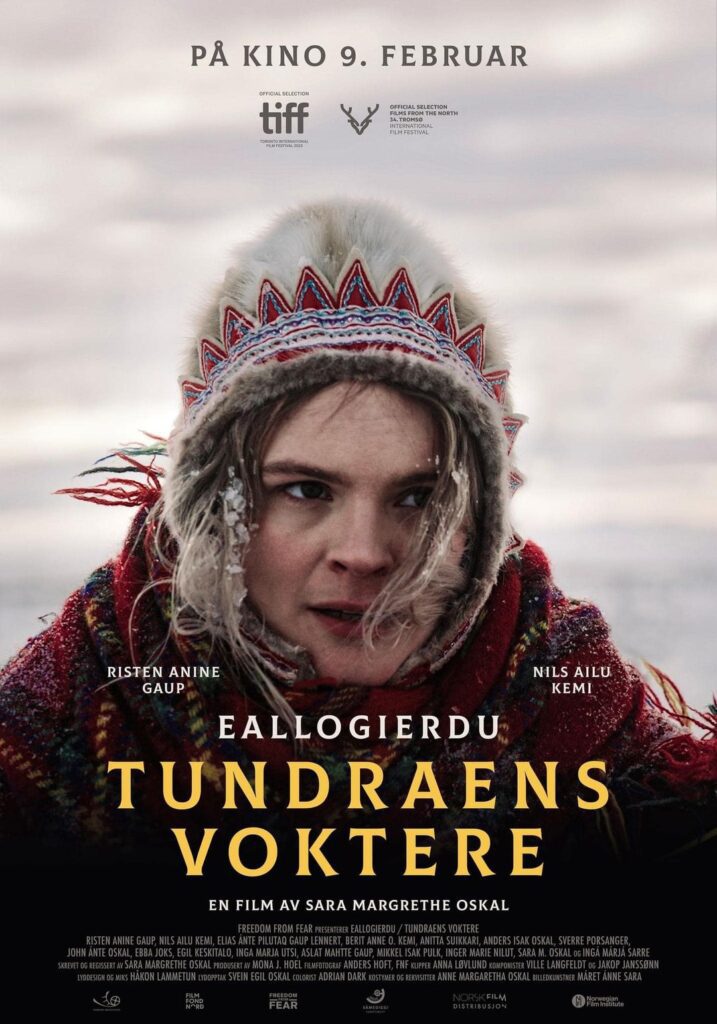 Movie poster featuring a close-up of a person in traditional sami clothing, with text about the film "tundraens voktere" releasing on february 9.