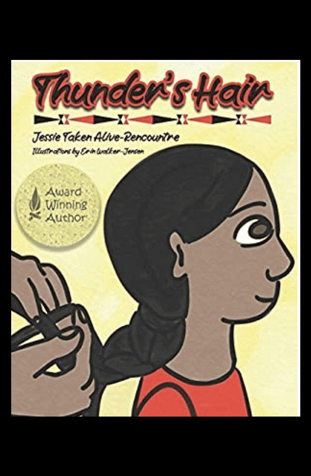 Book cover of "thunder's hair" by jessie taken alive-rencountre, featuring a side profile of a young girl with long black hair, holding scissors near her hair.