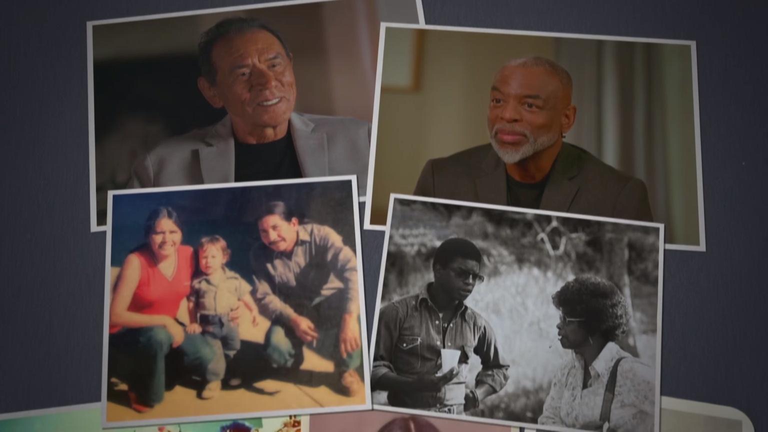 Collage of four photographs featuring diverse individuals in different settings, including family and individual portraits, displayed on a purple background.