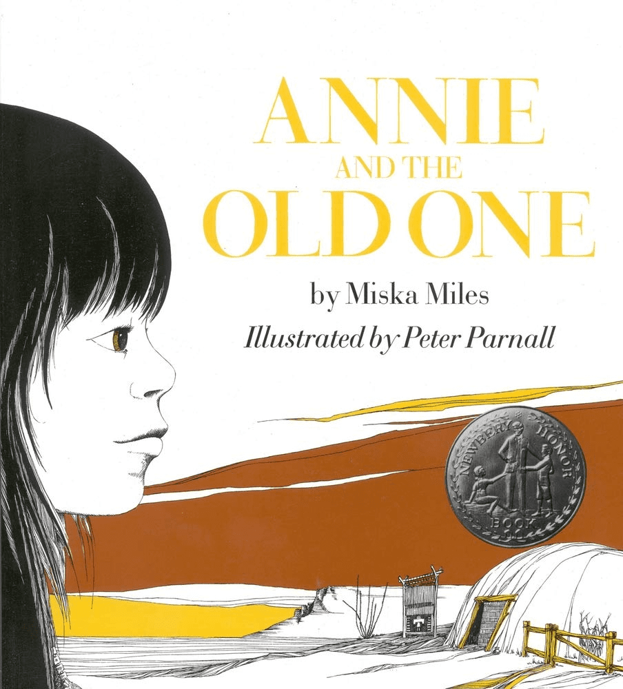 Book cover of "annie and the old one" by miska miles, illustrated by peter parnall, featuring a profile view of a girl and rustic buildings, with a 1992 quarter overlay.