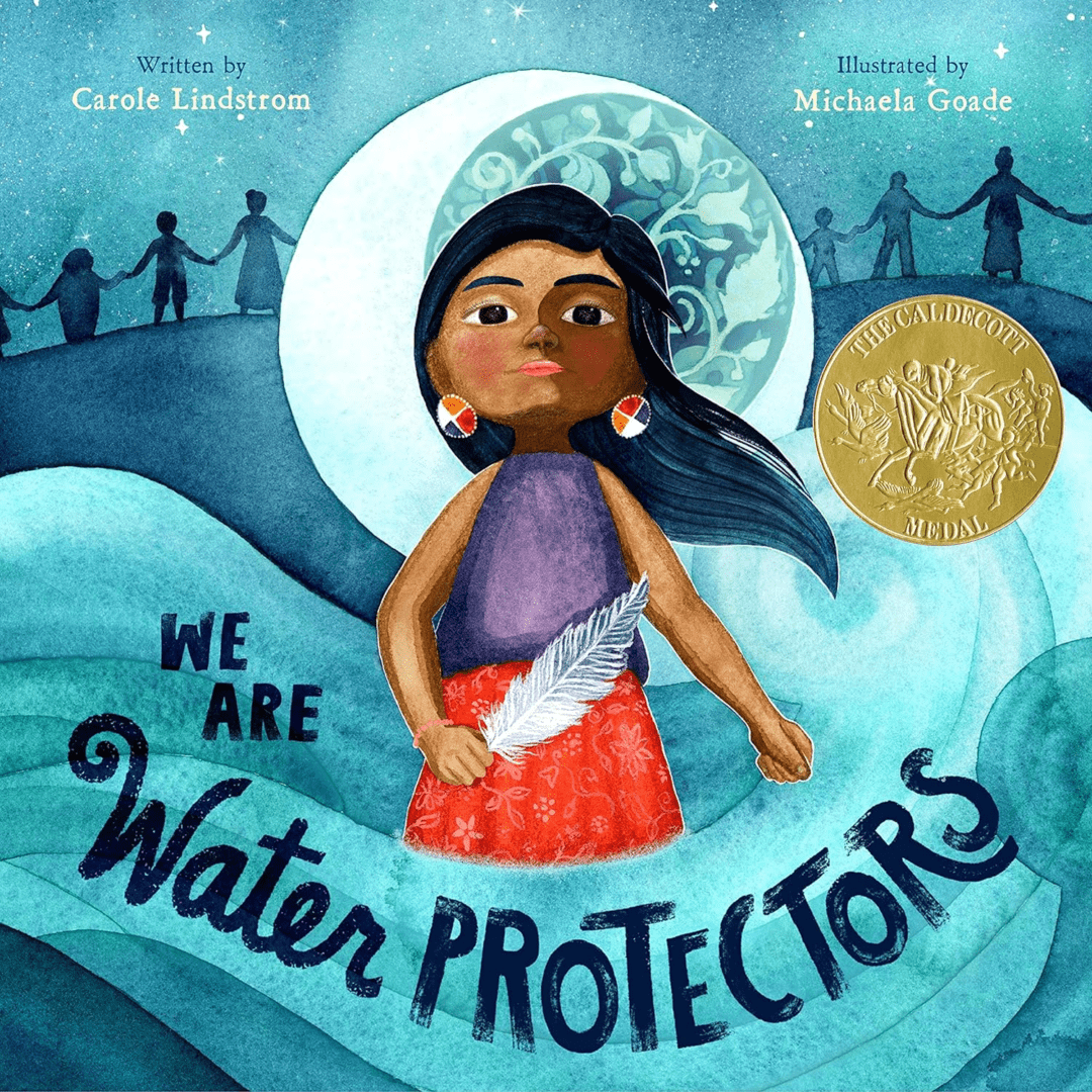 Illustration of a young native american girl standing with a feather, in front of a stylized water wave and moon, from the cover of "we are water protectors.