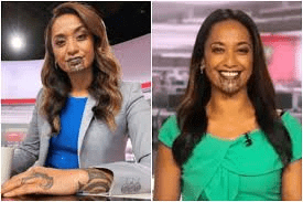 Two images of the same woman in different outfits, presenting news from a studio; one image in a gray blazer and blue top, another in a green top.